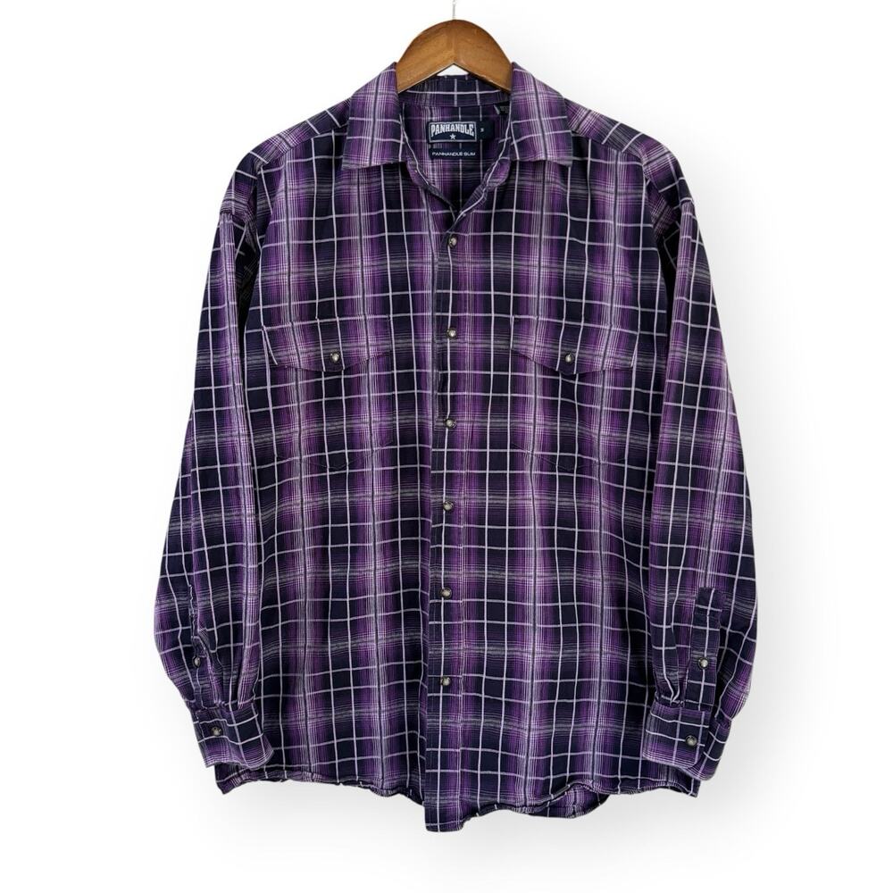Panhandle Slim Purple Plaid Pearl Snap Long Sleeve Shirt Mens M Western Cowboy